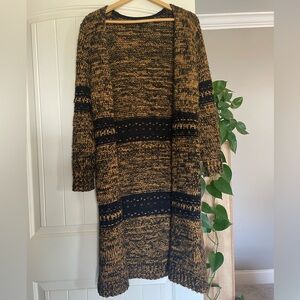 TOPSHOP Woman’s Knitted Maxi Cardigan Black Gold Open Front Block Stripes Size 4